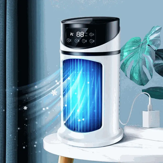 Mini Portable Water Air Cooling Fan with digital display, USB powered, white compact design, and cooling airflow effects