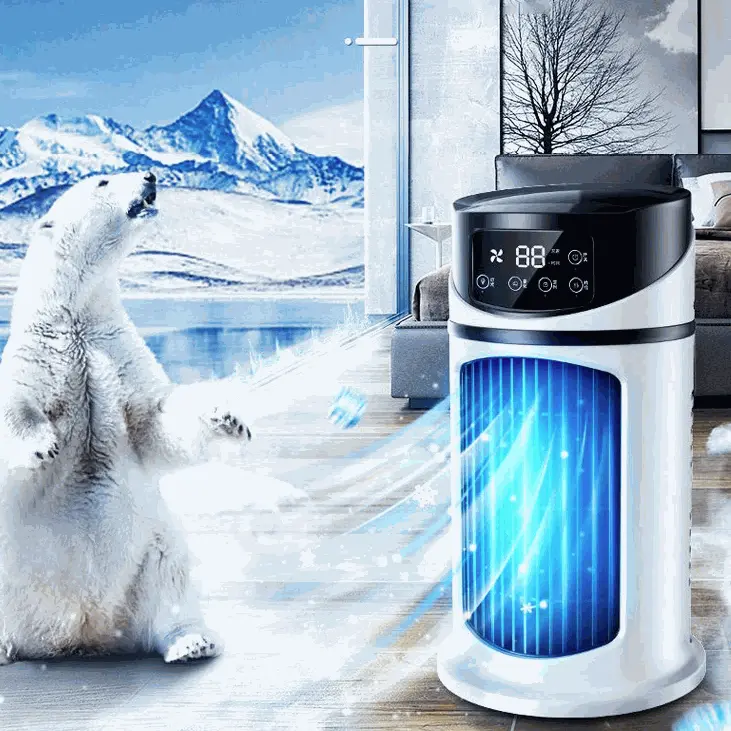 Mini portable water air cooling fan with humidifying and air purifying functions in sleek white design