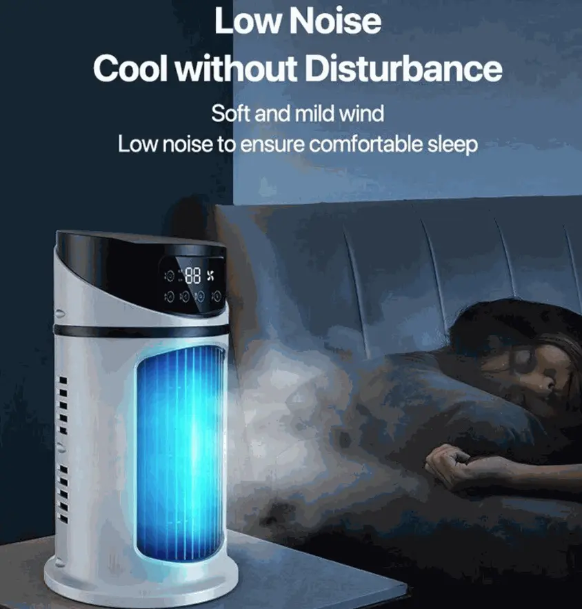 Mini Portable Water Air Cooling Fan emitting cool air with low noise for comfortable sleep next to sleeping person