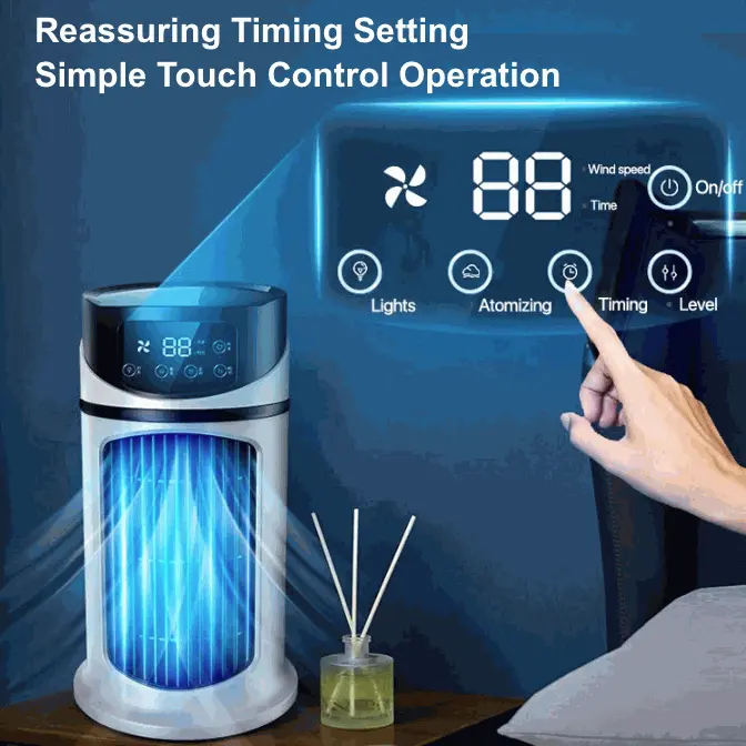 Mini portable water air cooling fan with touch control, LED display, USB powered, white compact air cooler with humidifying and purifying functions