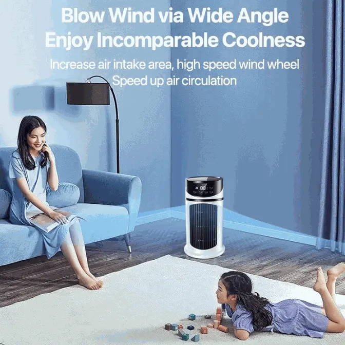 Mini Portable Water Air Cooling Fan in living room with woman and child playing on floor, showing cooling and air circulation features
