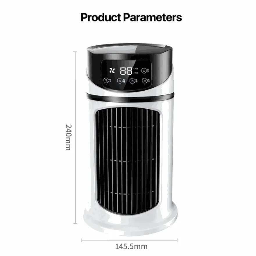 Mini Portable Water Air Cooling Fan with digital display, white ABS body, USB powered, 240mm height and 145.5mm width.