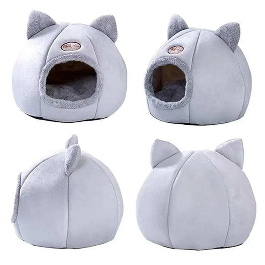 Cozy 2-in-1 gray pet house with ears and soft cushioned interior bed for small pets