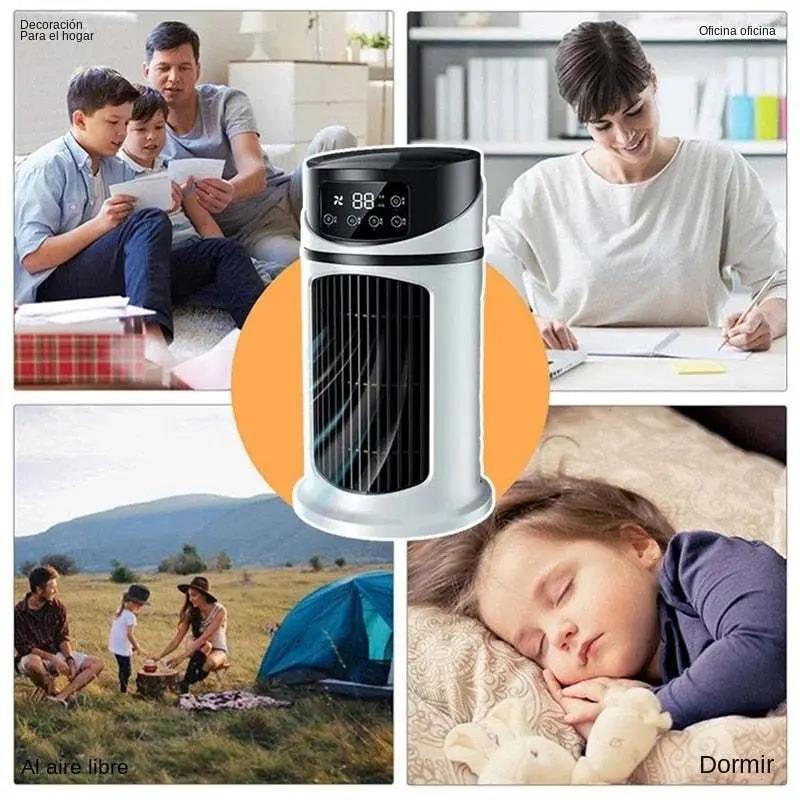 White mini portable water air cooling fan with digital display suitable for home, office, outdoor use, and sleeping.
