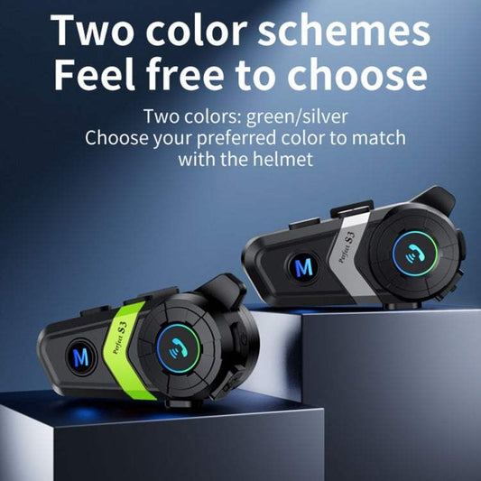 S3 Motorcycle Helmet Bluetooth Headset in green and silver color options with Bluetooth 5.3 and noise reduction features