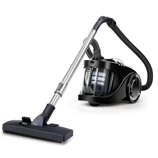 Devanti bagless vacuum cleaner with 2200W suction, multi-cyclonic system, HEPA filter, telescopic handle, and retractable cord in black.