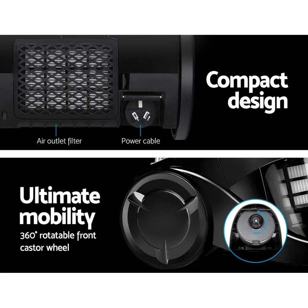 Close-up of Devanti Vacuum Cleaner showing air outlet filter, power cable, and 360-degree rotatable front castor wheel for ultimate mobility and compact design