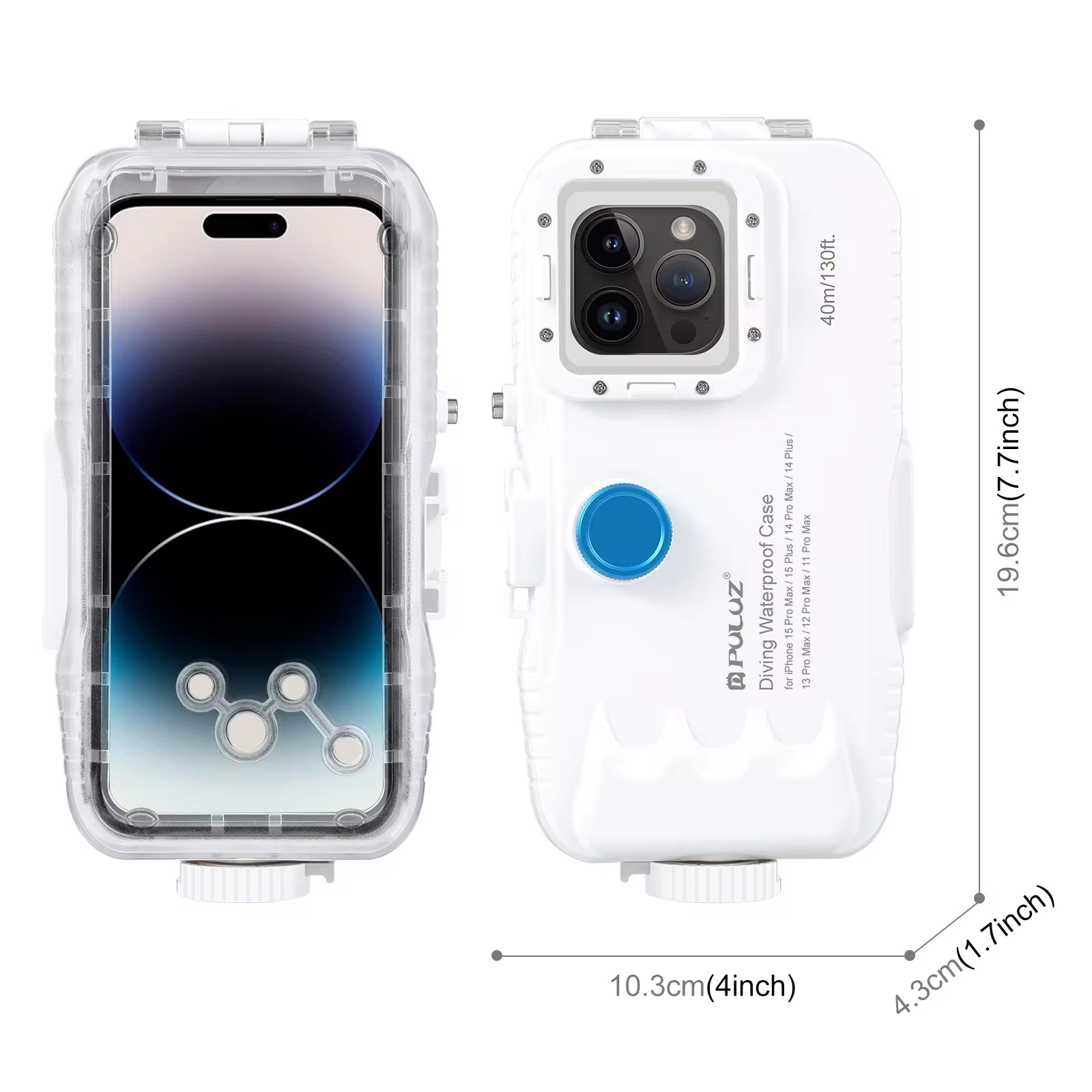 PULUZ waterproof diving case for iPhone with 40M/130Ft depth, clear lens, and one-way valve protection