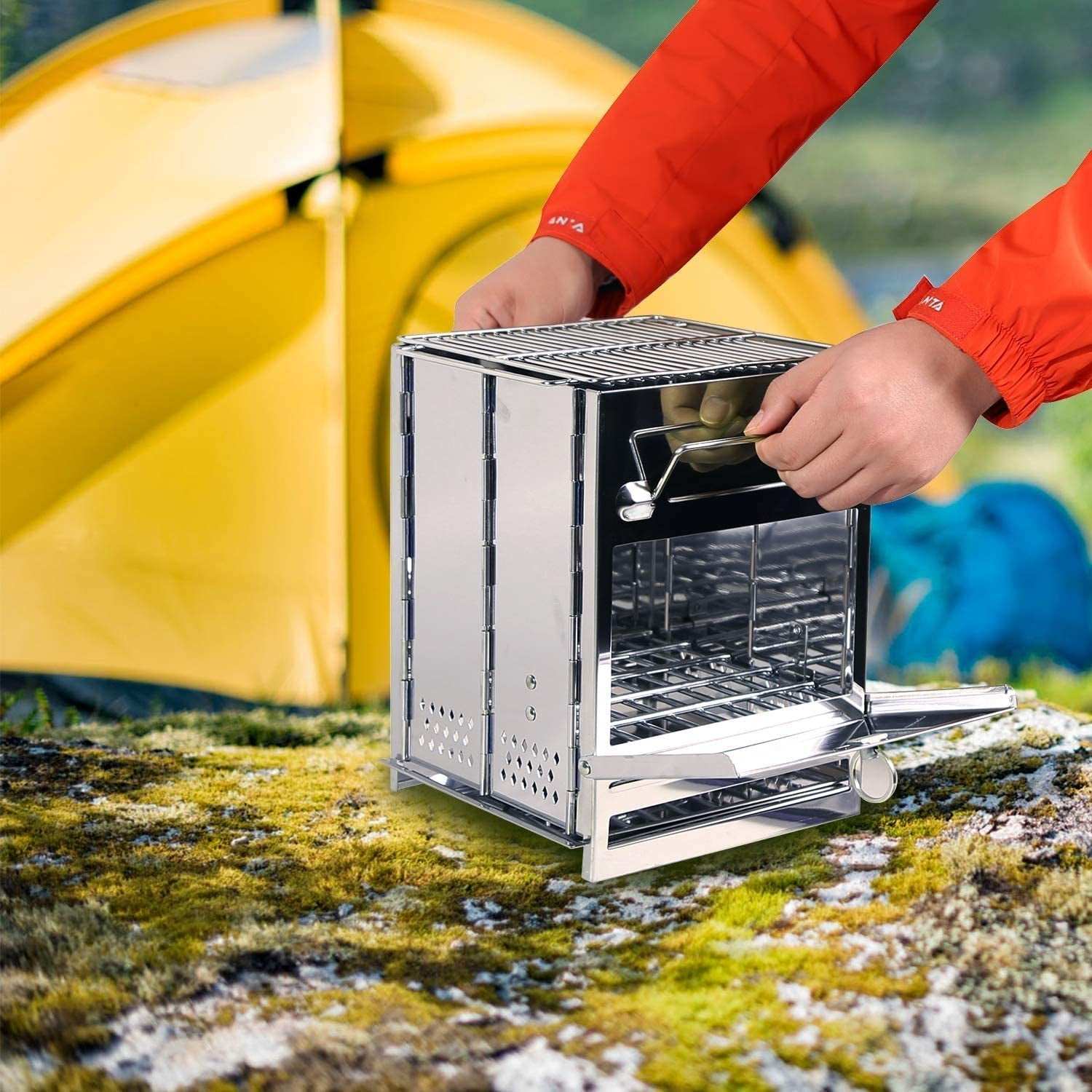 Portable stainless steel wood burning folding camp stove with grill for outdoor camping and hiking