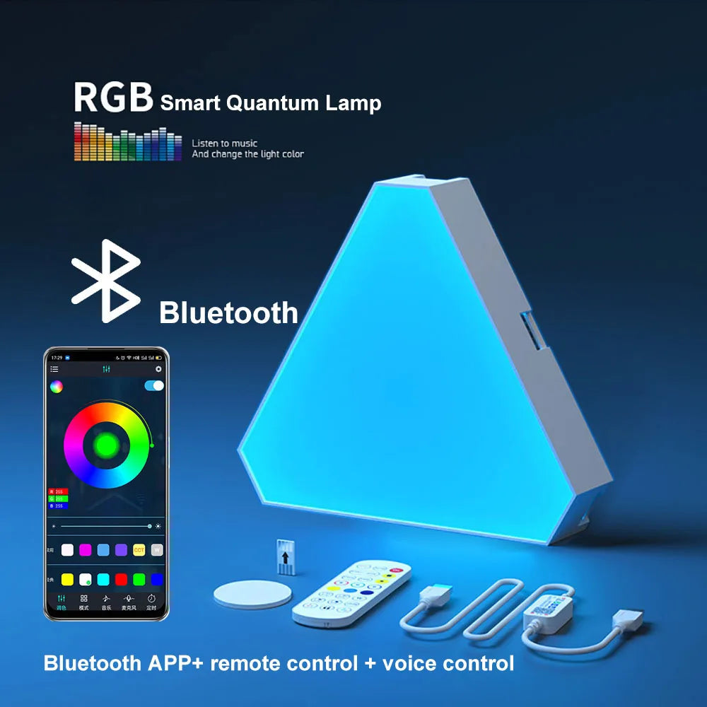 LED Triangular Quantum Lamp RGB smart wall light with Bluetooth, remote, and voice control for bedroom and office decoration