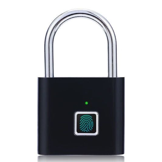 Black Silver USB rechargeable fingerprint smart padlock with zinc alloy metal body and quick unlock feature