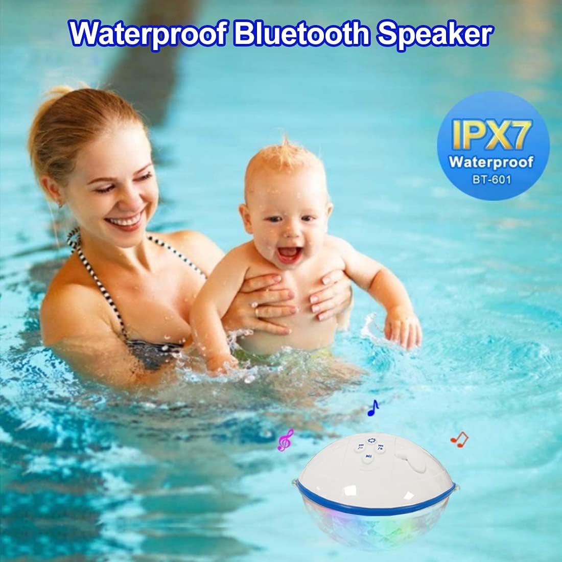 Pool Bluetooth Speaker floating in water with LED lights and IPX7 waterproof rating