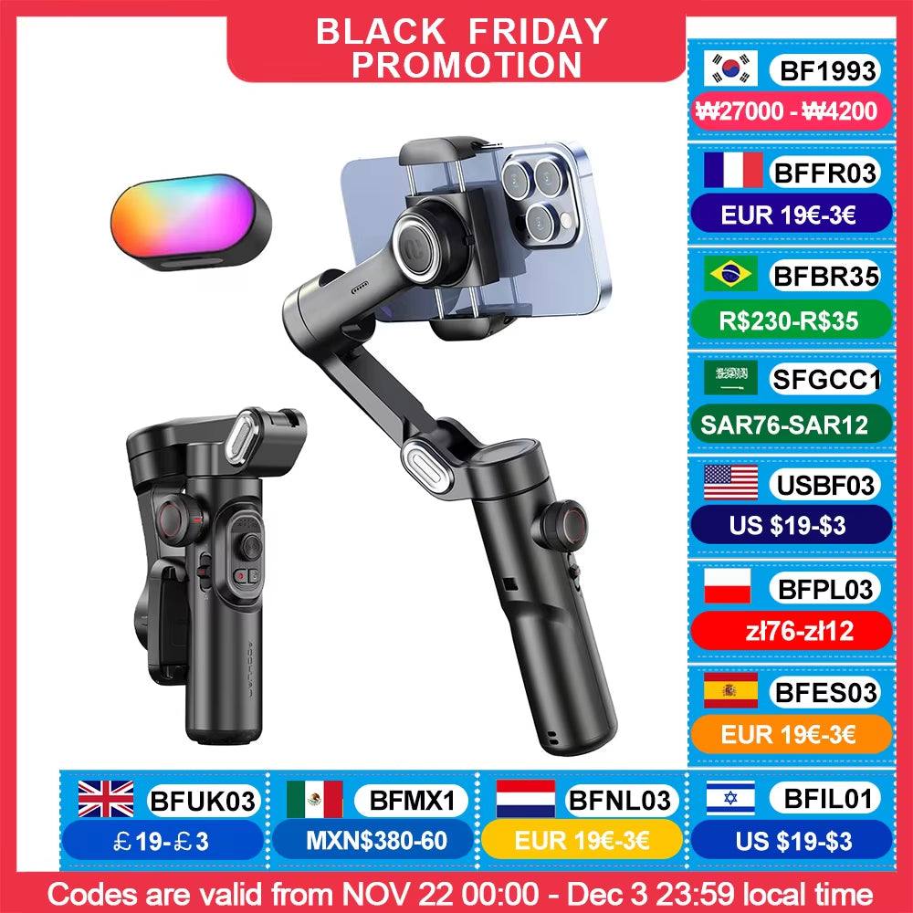 AOCHUAN 3-Axis handheld smartphone gimbal stabilizer with fill light and face tracking for vlogging and TikTok.