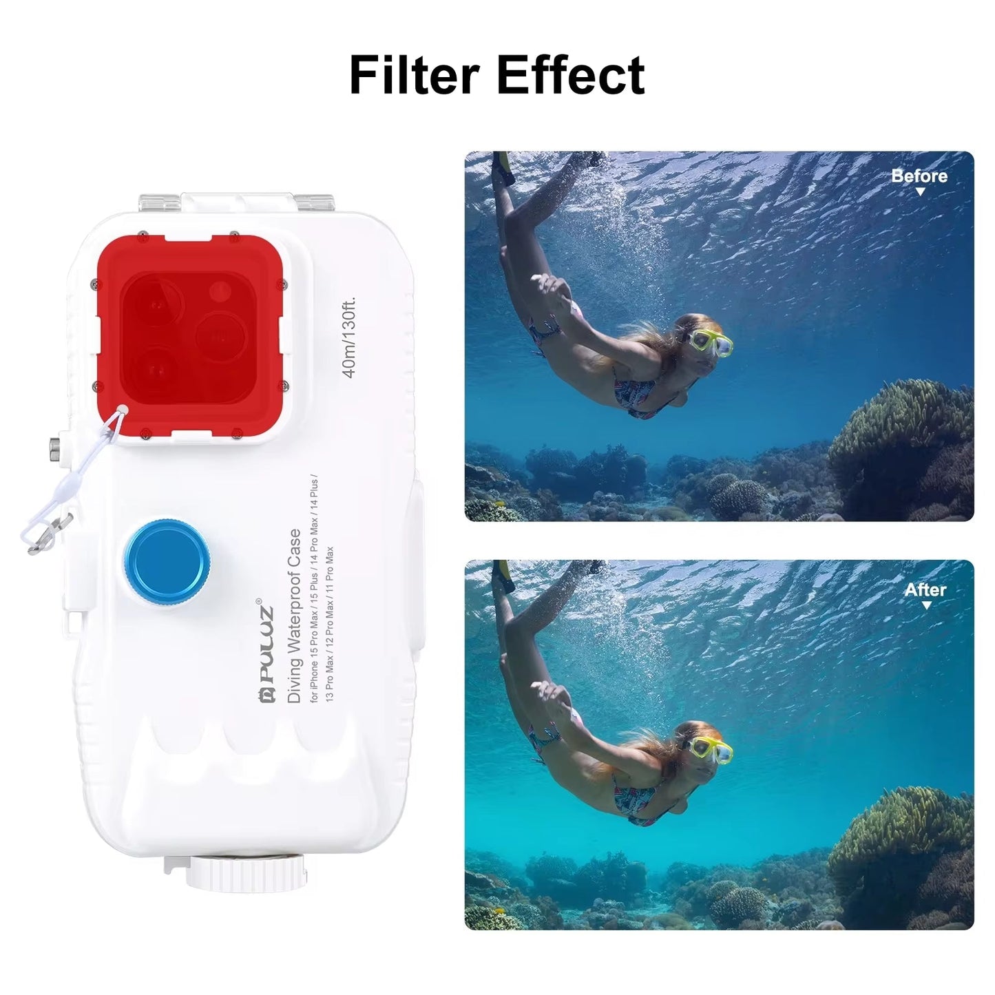 PULUZ waterproof diving case with red filter showing underwater photo clarity improvement before and after use
