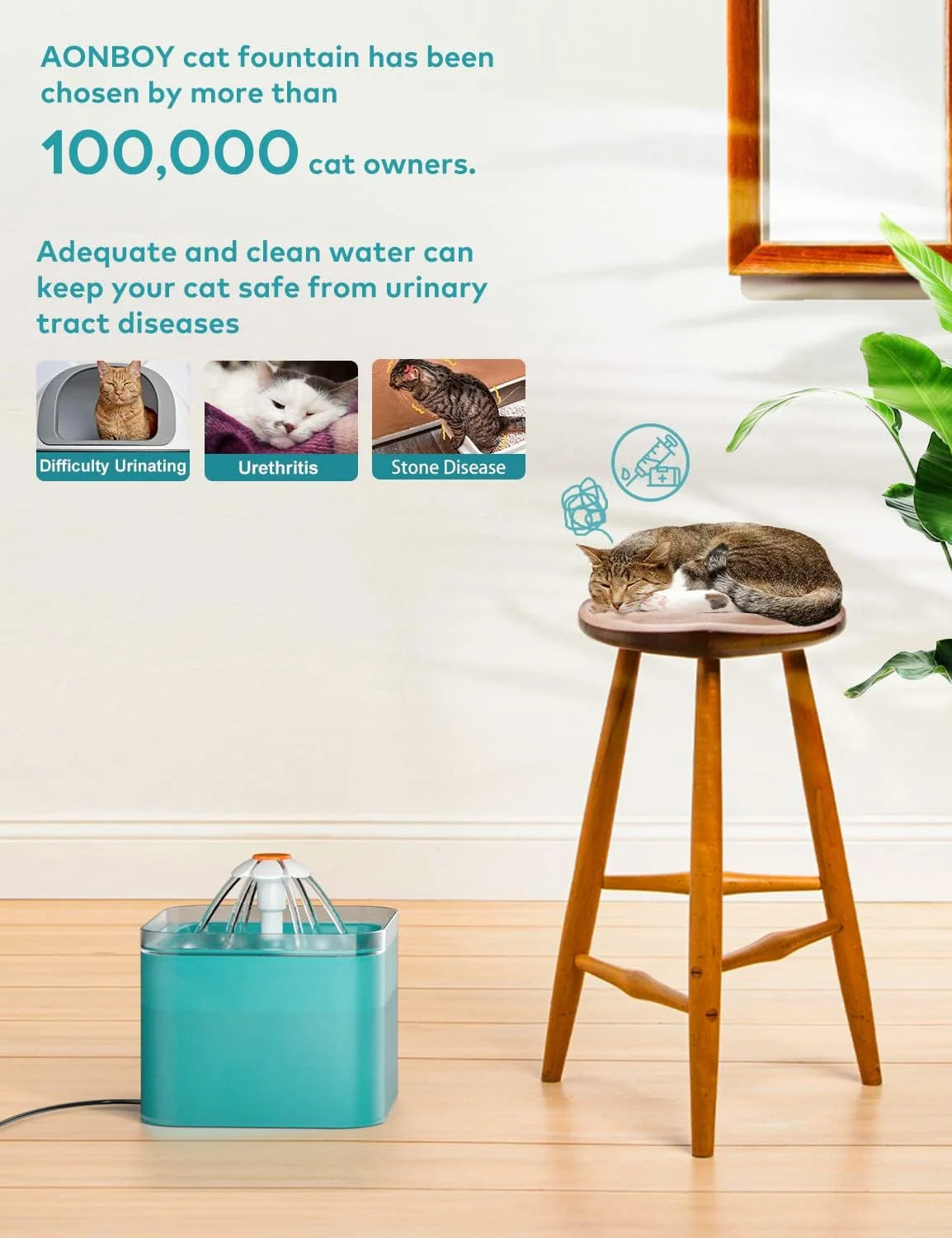 2L automatic ultra-quiet pet water fountain with 4-stage filtration and LED light for cats and small dogs