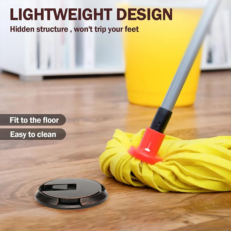 windproof door stopper on wooden floor with mop showing lightweight design and easy cleaning features