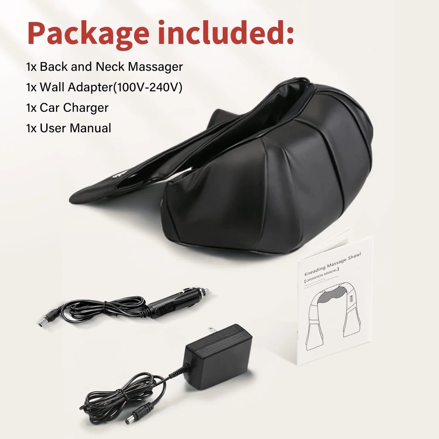 Shiatsu deep tissue neck, shoulder, and back massager with heat, wall adapter, car charger, and user manual displayed on white background