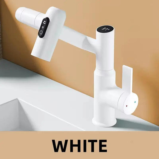 White digital display LED basin faucet with 360-degree rotation and temperature control on bathroom sink