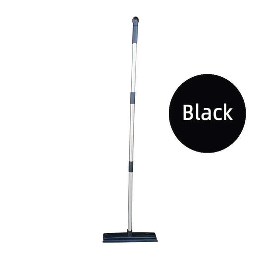 Black pet hair rubber broom with stainless steel handle and built-in squeegee for floor and carpet cleaning