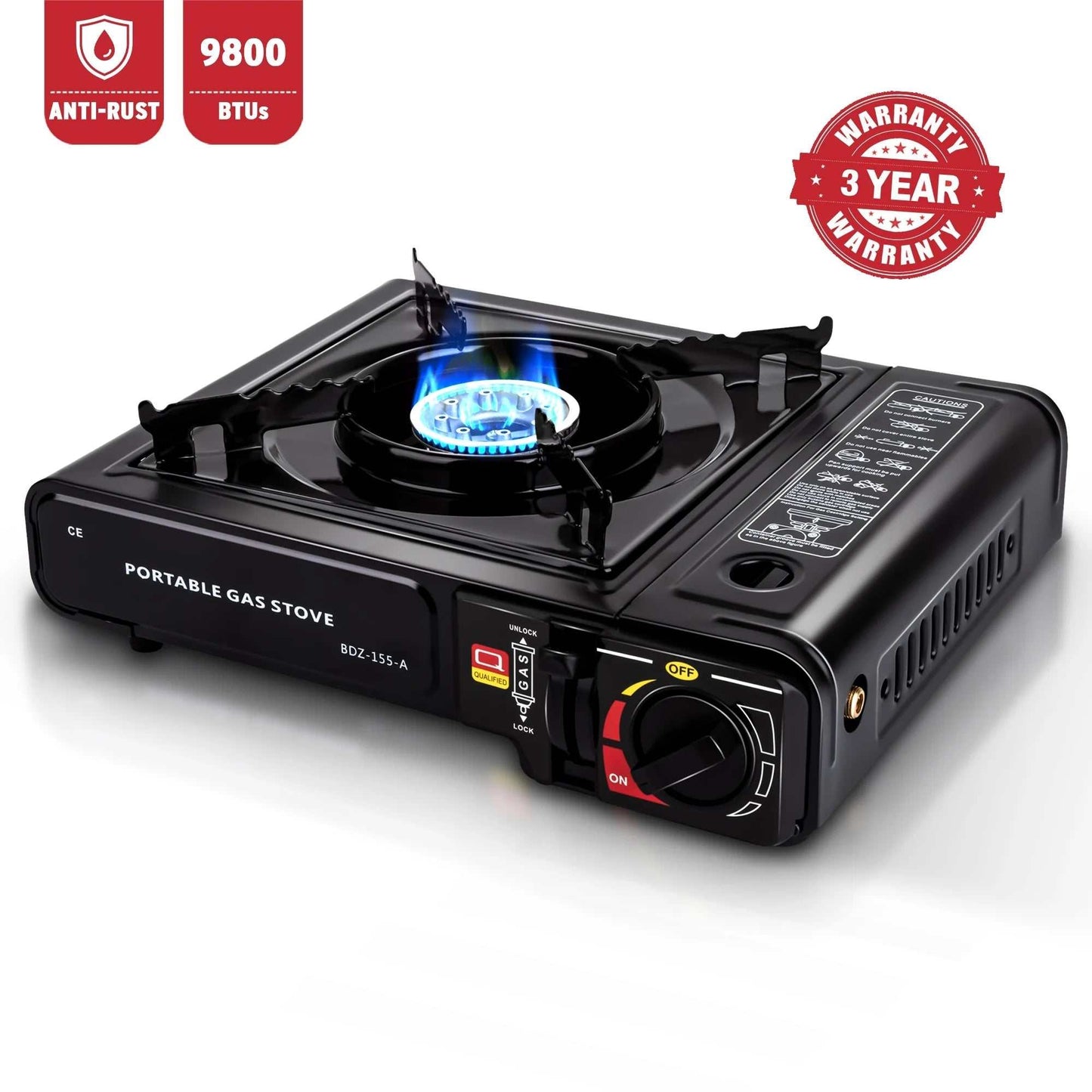 Portable black camping gas stove with 9800 BTU butane burner and safety features