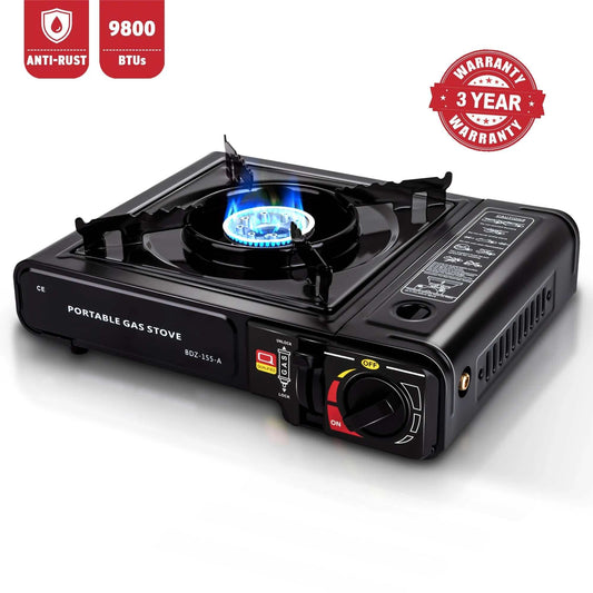 Portable black camping gas stove with 9800 BTU butane burner and safety features