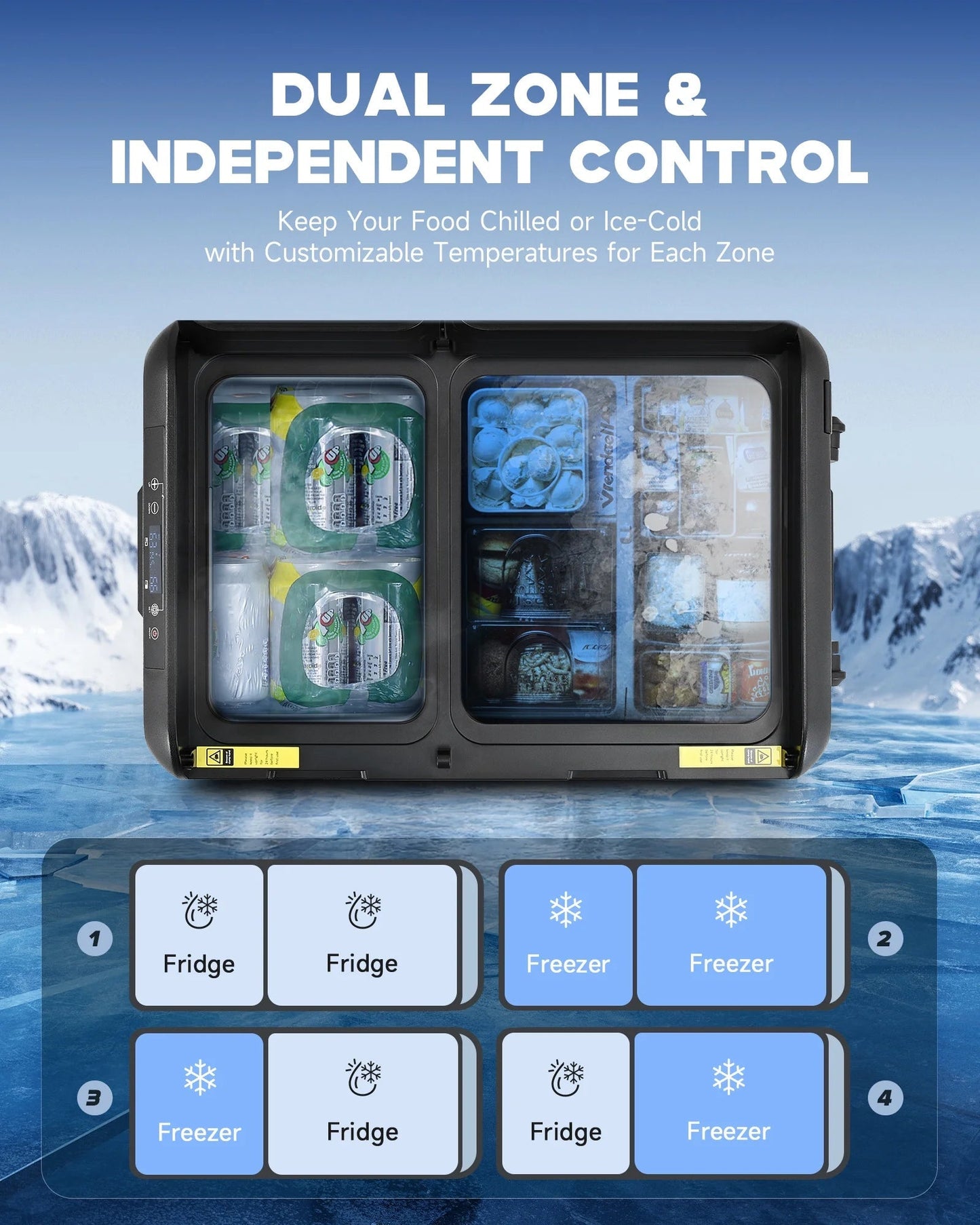 Dual zone car fridge freezer with independent temperature control for simultaneous chilling and freezing, portable 58 Qt capacity, fast cooling, and dual power options for travel and outdoor use.
