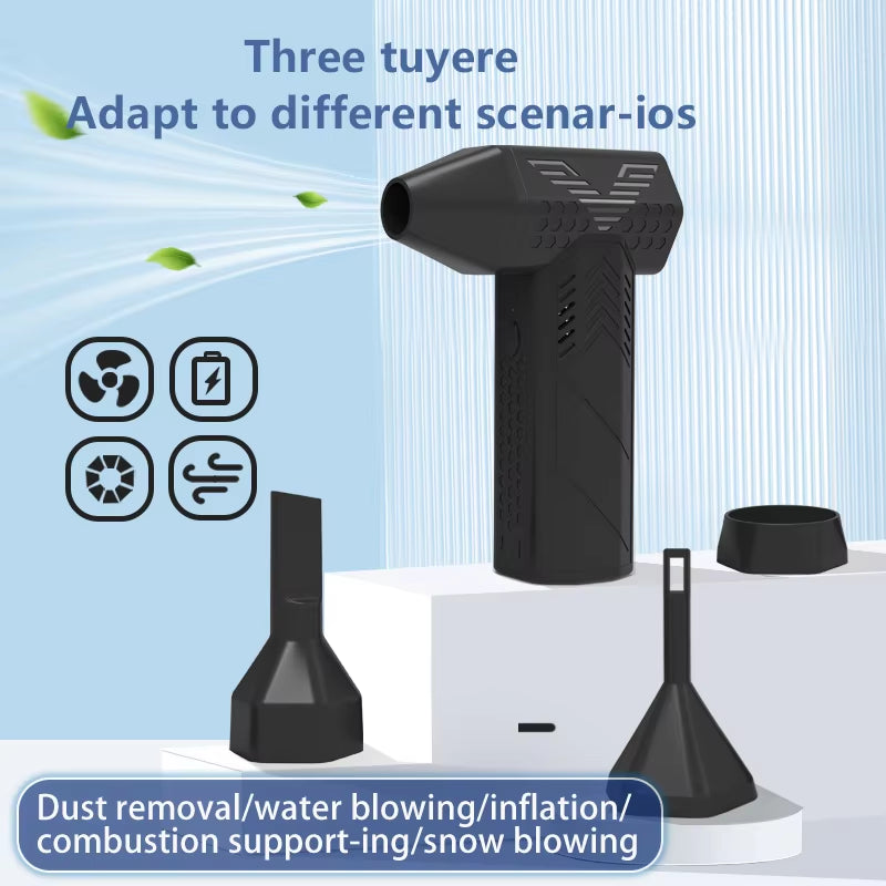 X5 130000RPM turbofan air duster with three nozzle attachments for dust removal, water blowing, inflation, and snow blowing