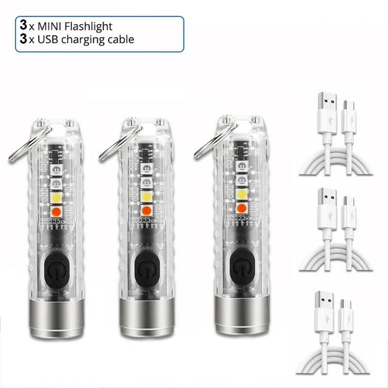 Set of three compact Magnet Multifunction Warning camping flashlights with USB charging cables and key rings