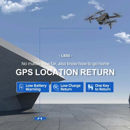 Black drone with camera flying outdoors featuring GPS location return and low battery warning
