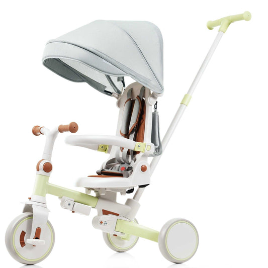 Green 7 in 1 foldable baby tricycle with canopy, adjustable push handle, and aluminum alloy frame for toddlers 0-12 months
