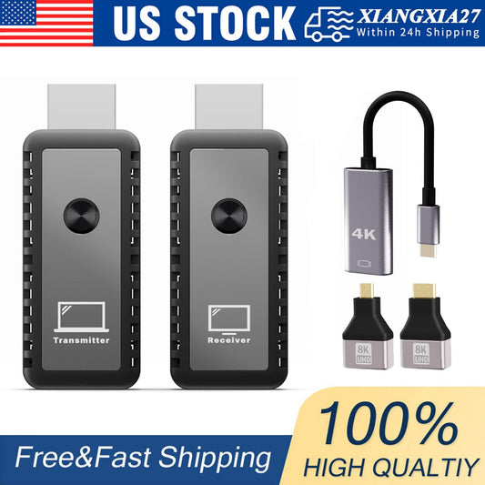 Wireless HDMI Video transmitter and receiver set with adapters for Type-C, micro HDMI, mini HDMI, supporting 1080p wireless screen sharing up to 30 meters.