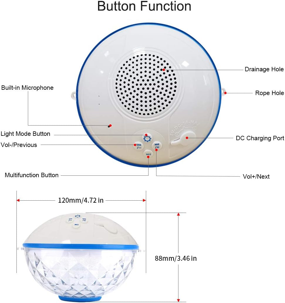 Pool Bluetooth Speakers with LED lights showing buttons and dimensions, white and blue waterproof floating design