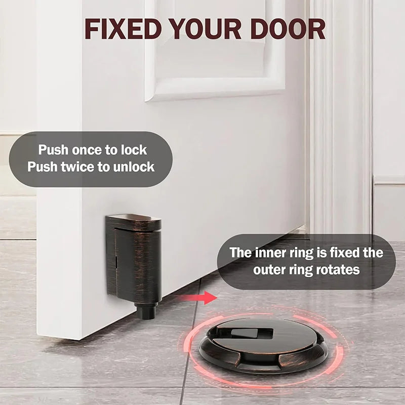 Windproof Door Stopper in oil rubbed bronze finish preventing door from closing on tiled floor