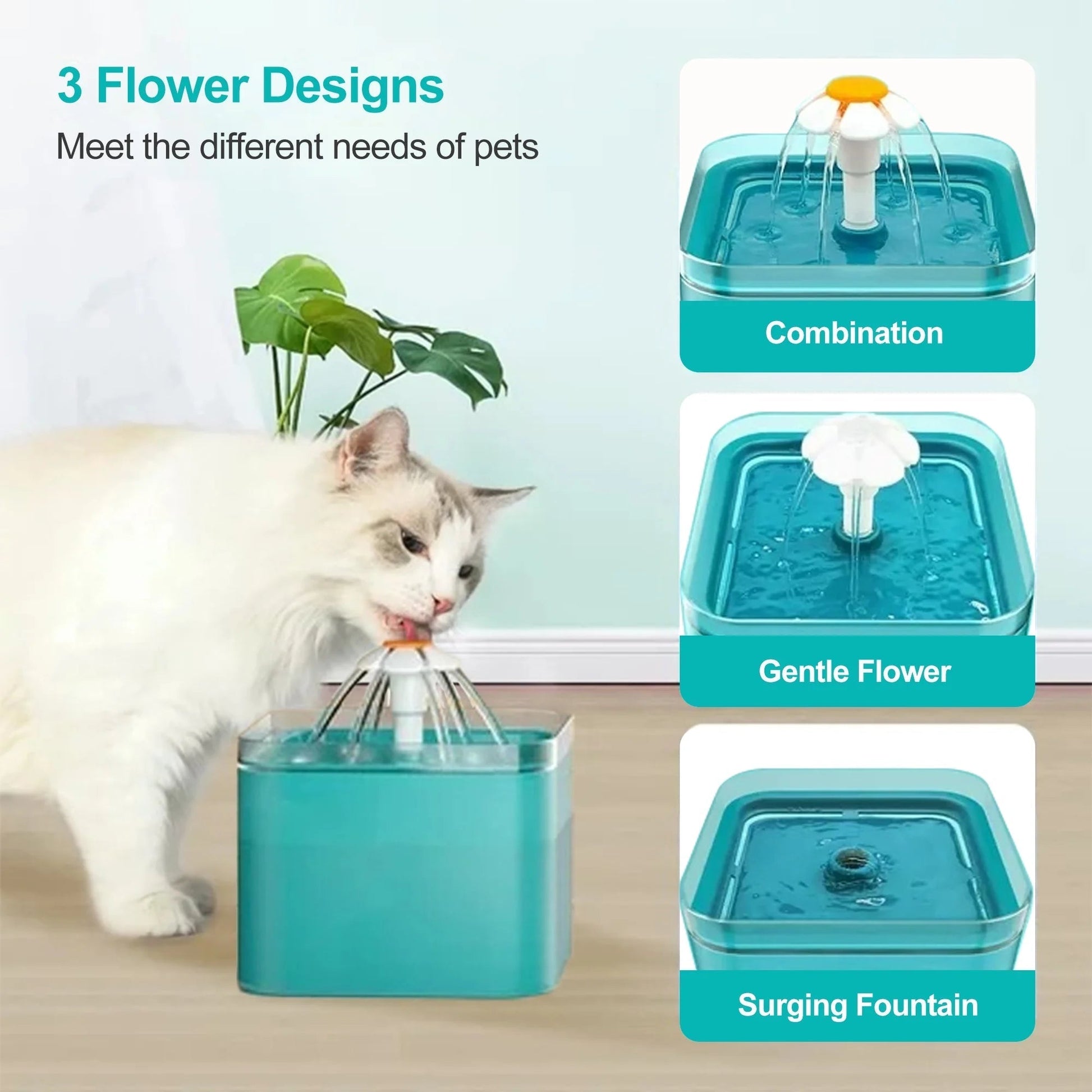 Automatic cat water fountain with 3 flower design water flows, 2L capacity, ultra-silent pump, and built-in LED light for indoor pets