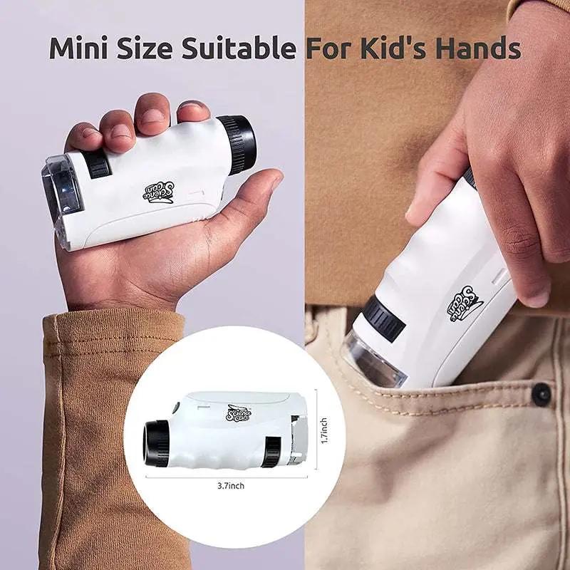 Compact kids pocket microscope in white, handheld size suitable for children, ideal for home, school, and travel use.