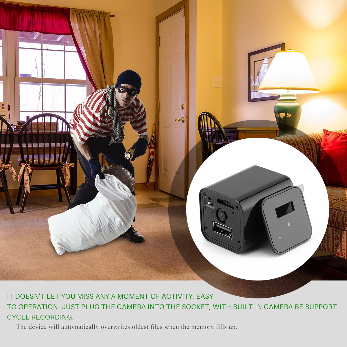 HD 1080P hidden camera USB charger for home security with motion detection and loop recording