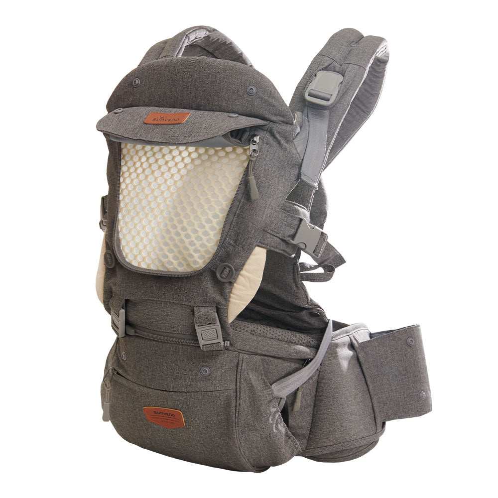 Ergonomic baby carrier with adjustable hip seat, breathable fabric, and multiple carrying positions for infants up to 48 lbs