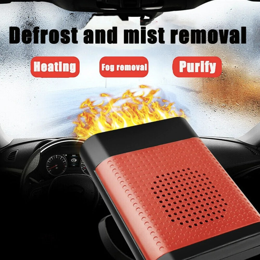Powerful car heater and fan defroster in red and black with heating, fog removal, and air purification features