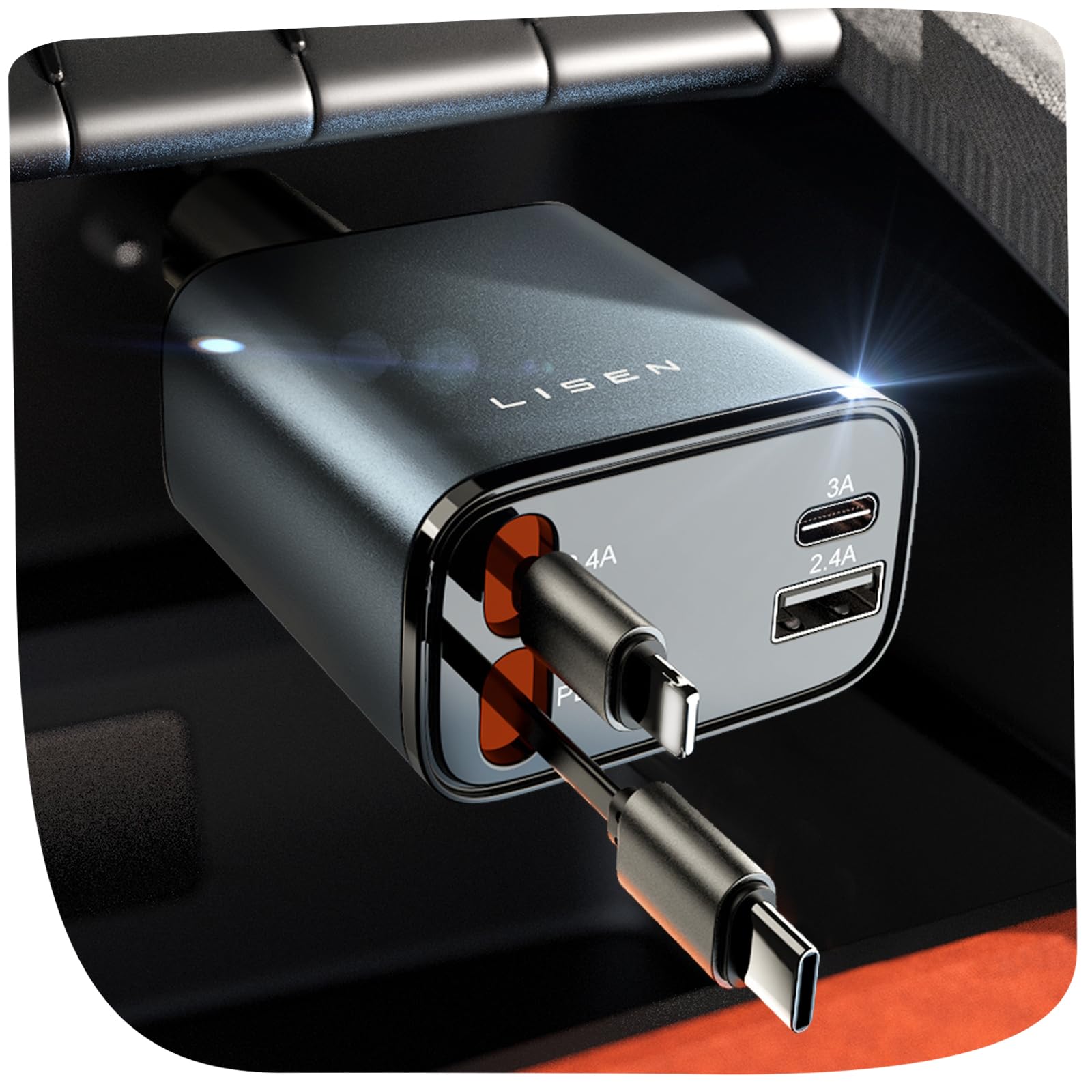 Compact Retractable Car Charger with 69W USB-C and USB-A ports for fast multi-device charging in vehicles