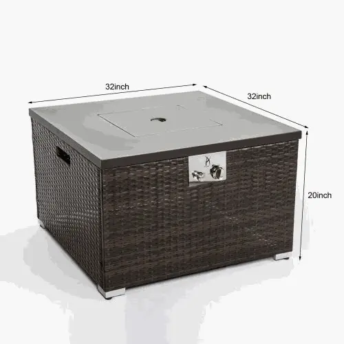 Square outdoor gas fire pit table with dark brown wicker body and steel tabletop, 32x32x20 inches.
