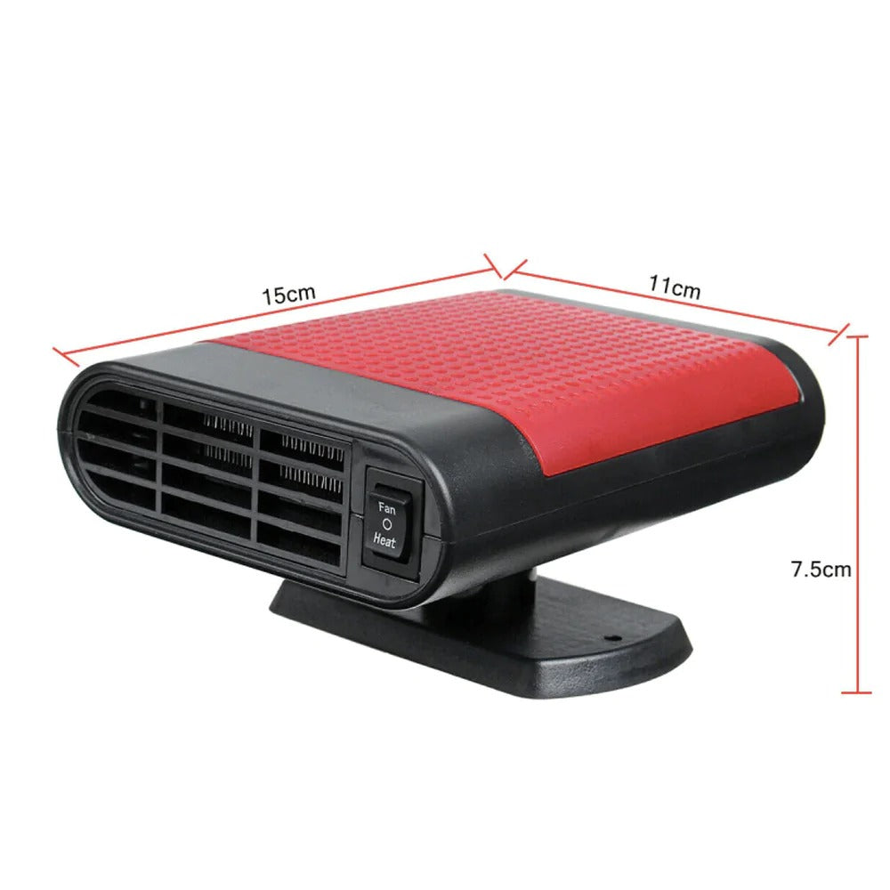 Powerful car heater and fan defroster 500W with dual heating and cooling functions, compact design in red and black