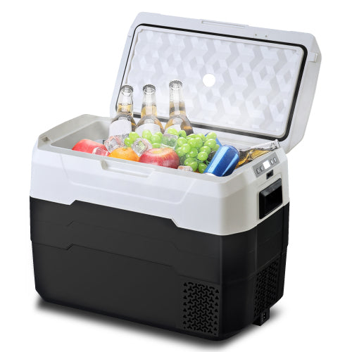 Portable car fridge cooler filled with beverages and fruits, compact travel refrigerator with digital controls and internal freezer.