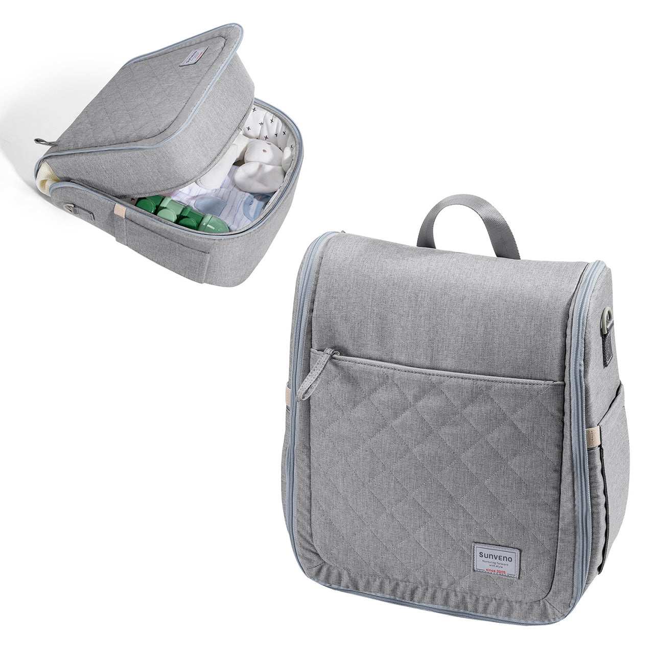 gray portable baby diaper bag backpack with changing pad and multiple compartments for baby essentials