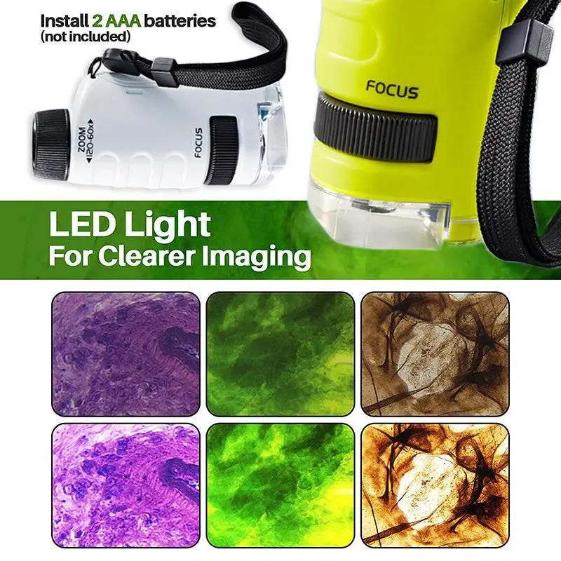 Kids pocket microscope in white and green colors with LED light for clearer imaging, handheld and battery-powered for home and school use