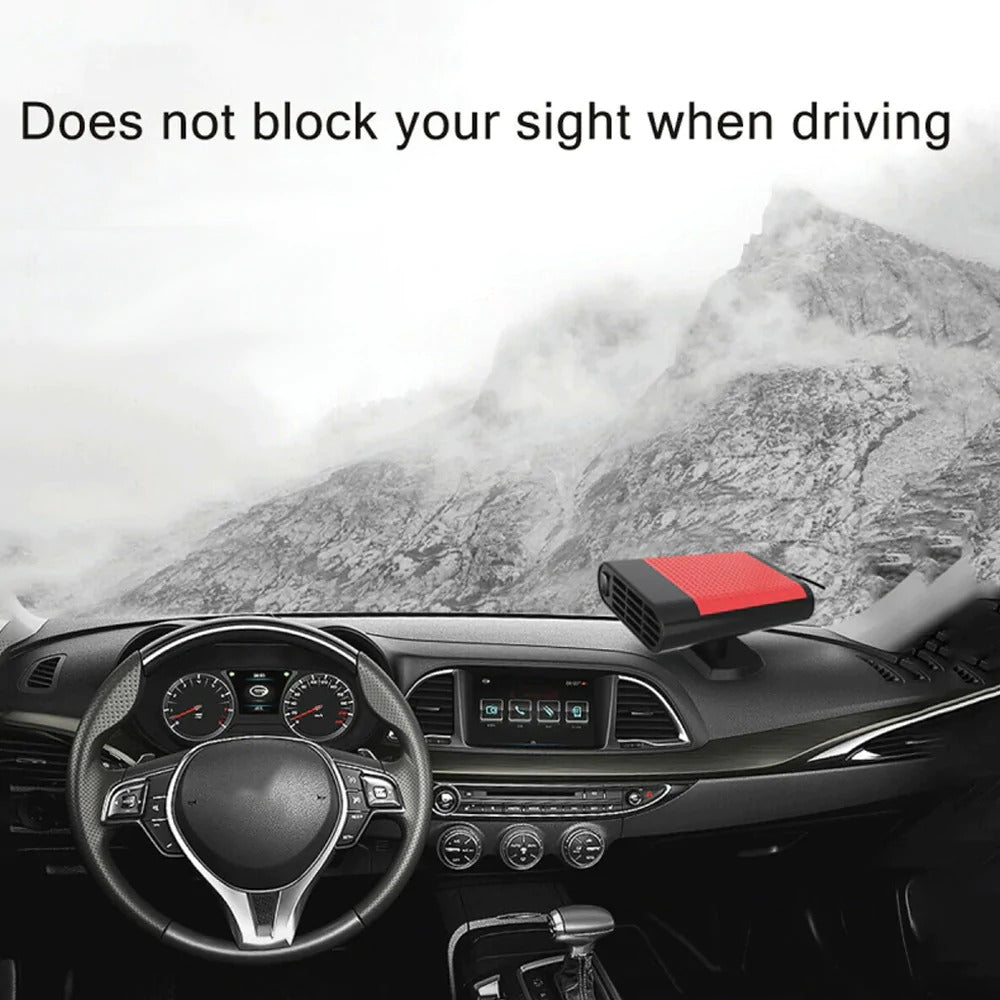 Powerful car heater and fan defroster 500W on car dashboard with clear windshield view