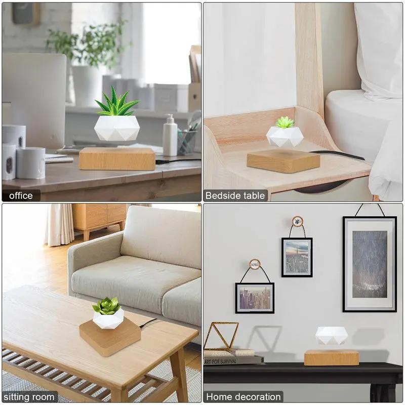 Levitating rotation flowerpot floating above wooden base in various indoor settings