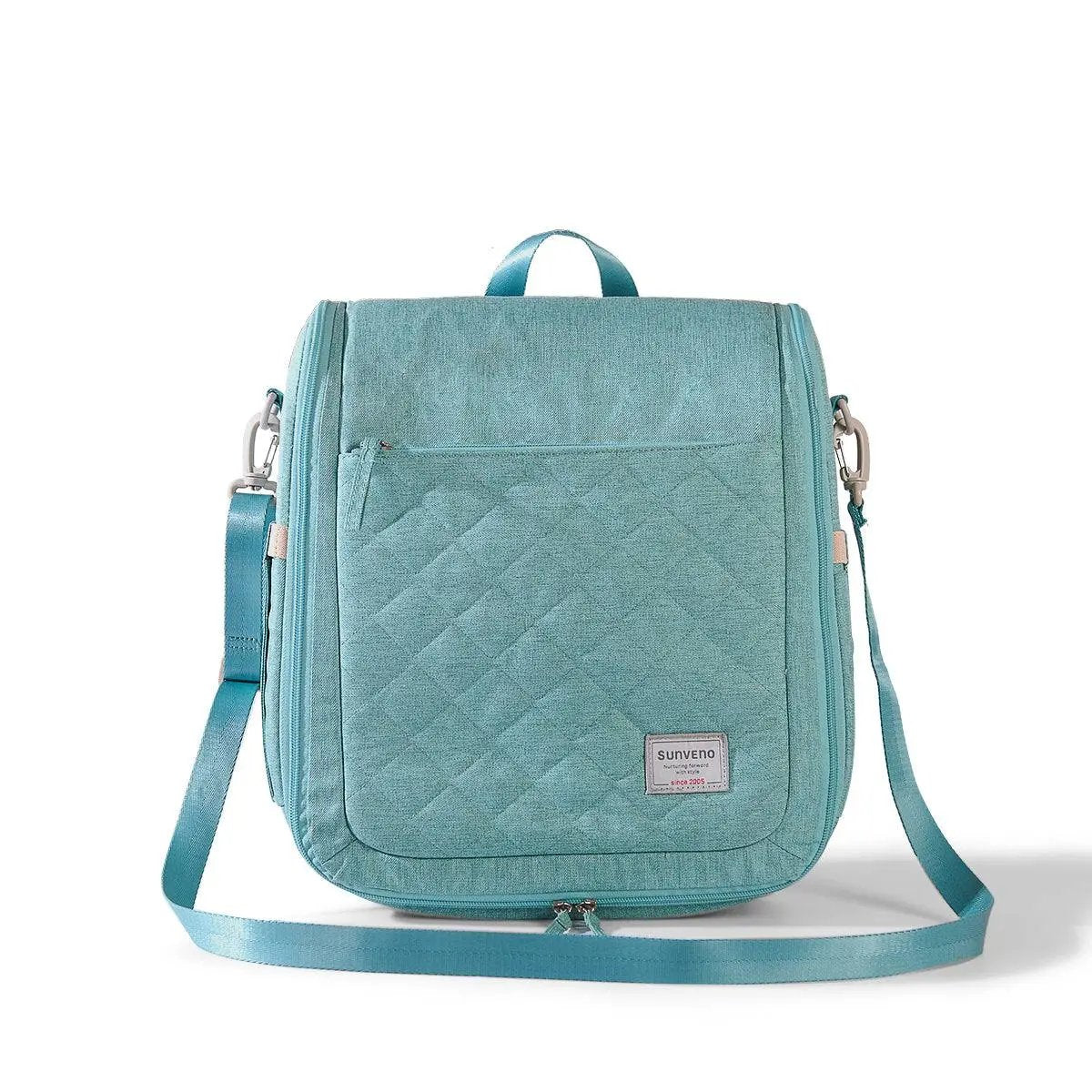 Portable baby diaper bag backpack in teal with adjustable shoulder strap and front pocket