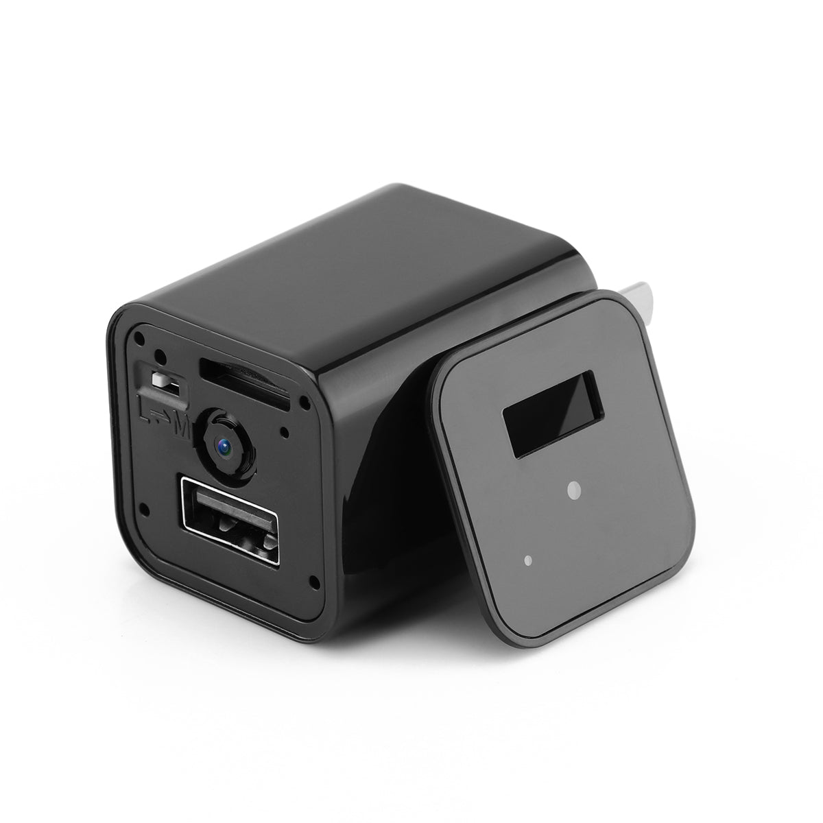 Black HD 1080P hidden camera USB wall charger with motion detection and continuous recording features