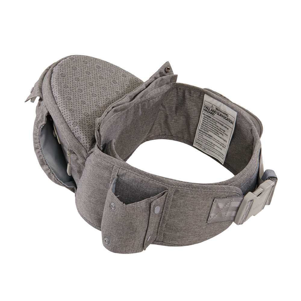 Ergonomic gray baby carrier hipseat with adjustable waist belt and storage pockets