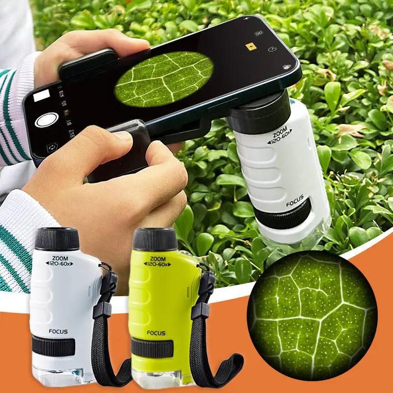 Kids pocket microscope in white and green with 60-120x zoom, used with smartphone for nature observation